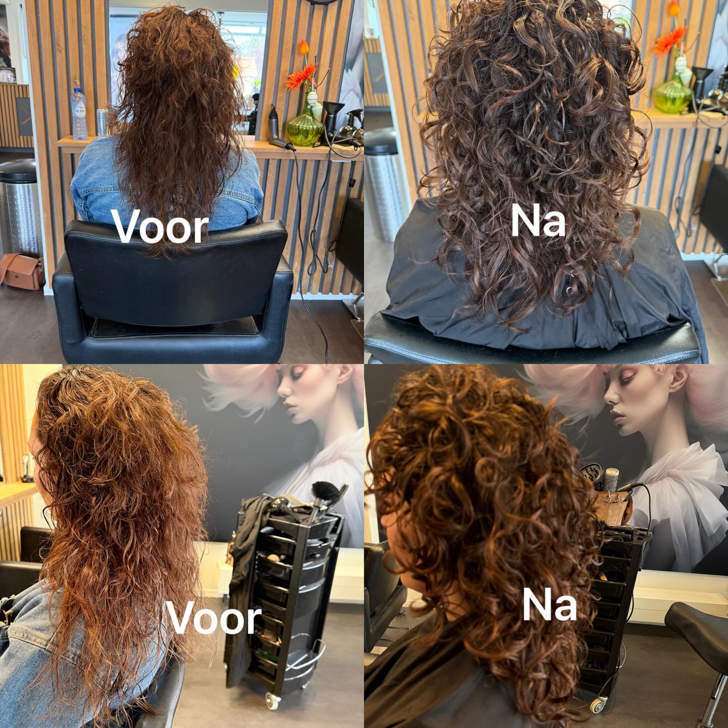 Voor en na: twee klanten met krullen, geknipt in de salon