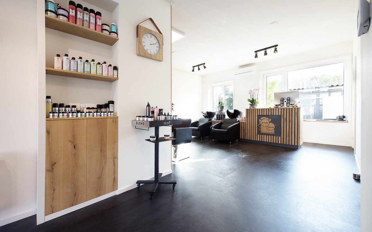 Overzicht van de salon met de productkast en de balie